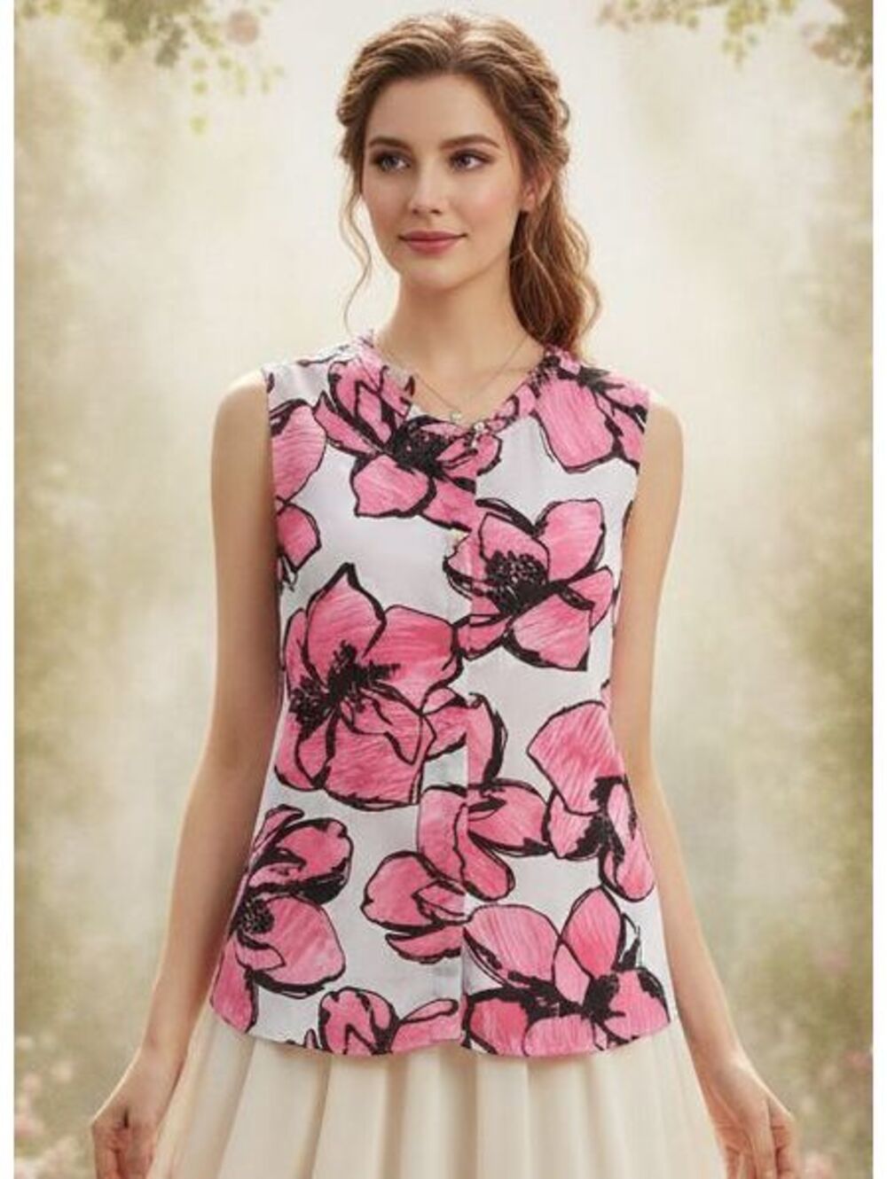 Liz Claiborne Pink Floral Peplum Blouse Size L Sleeveless White 100% Polyester
